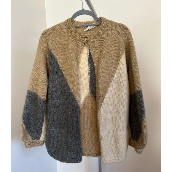 VINTAGE J. TIKTINER France Cardigan Abstract Neutral Sweater Top 38 6 80s Mohair - Picture 3 of 5